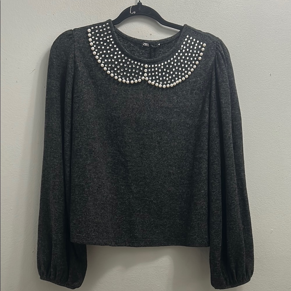 Zara Black Blouse with Pearl Collar